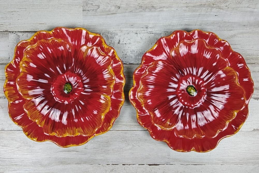 Pier 1 Imports Poppies Dinnerware Red Hand Painted Flower Salad Plates Set of 2